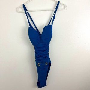 Bleu by Rod Beattie Blue One Piece with Gold Ring Belt Detail